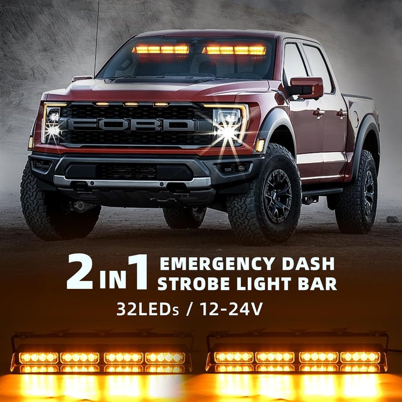 PKINGLAKE 2 in 1 LED Emergency Dash Strobe Light Bar Front/Rear Windshield Safety Flashing Warning Hazard Interior Lights for Police Firefighter Construction Vehicles Trucks (2x14 inch, Amber/Amber) - Image 2